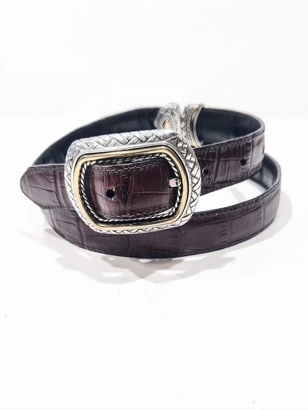 Reversible Leather Belt Black Brown Croc Embossed Two Tone Silver Gold Buckle 30